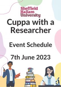 This is an image of a poster which has the text Cuppa with a researcher Event Schedule 7th June 2023 on it. It also has an image of a cartoon man giving a talk, a pile of books with a cup of tea resting on the top and a cartoon woman sitting down undertaking some work with a microscope. 