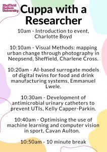 This image shows the schedule for the first hour of talks 10am-11am 
10am Introduction to event, Charlotte Boyd
10.10am Visual Methods: mapping urban change through photography in Neepsend, Sheffield, Charlene Cross
10.20am AI-based surrogate models of digital twins for food and drink manufacturing systems, Emmanuel Lwele
10.30am Development of antimicrobial urinary catheters to prevent UTIs, Kelly Capper-Parkin
10.40am Optimising the use of machine learning and computer vision in sport, Cavan Aulton
10.50am 10 minute break 