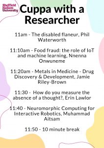 This image shows the schedule for the second hour of talks 11am-12pm 
11am The disabled flaneur, Phil Waterworth
11.10am Food fraud: the role of IoT and machine learning, Nnenna Onwuneme
11.20am Metals in medicine - drug discovery and development, Jamie Riley-Brown
11.30am How do you measure the absence of a thought? Erin Lawlor
11.40am Neuromorphic computing for interactive robotics, Muhammad Aitsam
11.50am 10 minute break 