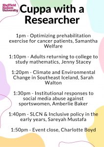 This image shows the schedule for the final hour of talks 1pm-2pm 
1pm Optimizing prehabilitation exercise for cancer patients, Samantha Welfare
1.10pm Adults returning to college to study mathematics, Jenny Stacey
1.20pm Climate and environmental change in southeast Iceland, Sarah Walton
1.30pm Institutional responses to social media abuse against sportswomen, Amberlie Baker
1.40pm SLCN and inclusive policy in the early years, Sareyah Mustafa
1.50pm Event close, Charlotte Boyd