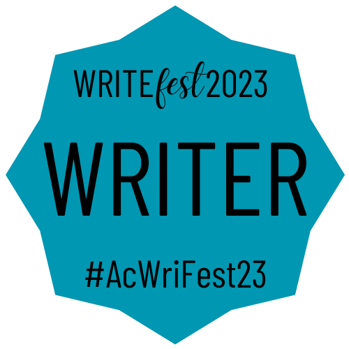 WriteFest Sticker. This is a teal coloured badge which says writer in block capitals in the middle, At the tope it says Write Fest 2023 and at the bottom it has the hashtag Ac Wri Fest 23