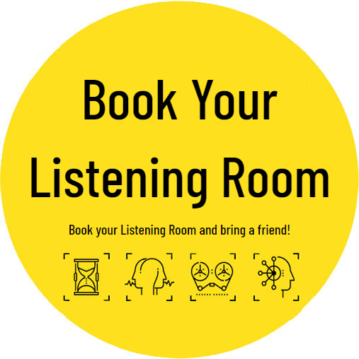 Yellow Circle with text, Title: Book your listening Room. Description: Book your Listening Room and bring a friend! It has a link to the listening room email id: listeningrooms@shu.ac.uk