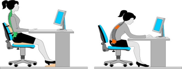 Two images - the first of someone sat at a desk with correct posture using DSE equipment and the second sat poorly due to a bad desk setup. 