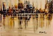 Painting of a cityscape including its reflection on a mass of water. 