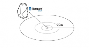 Diagram of beacon with three concentric rings and a marker showing the 70 metre maximum range