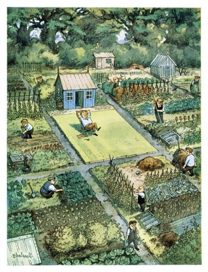 (In the centre of a group of allotments full of people working a man whose allotment is only a lawn relaxes on a deckchair)