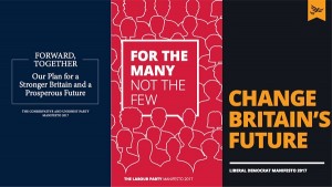 The Conservative, Labour and Liberal Democrat manifestoes.